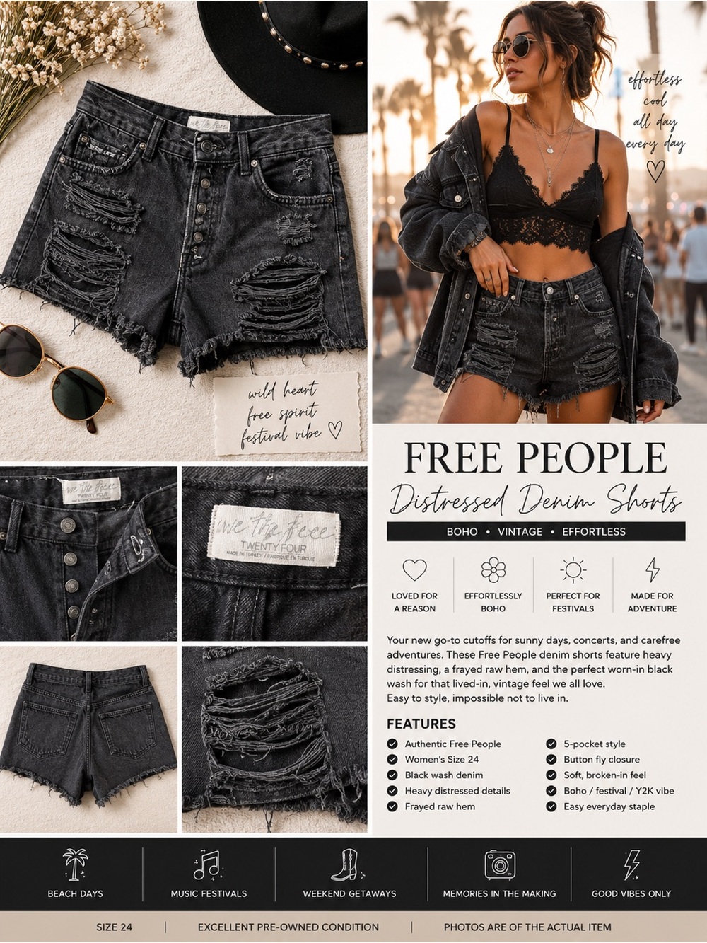 Free People Distressed Denim Shorts Size 24 Black Wash Frayed Festival Y2K